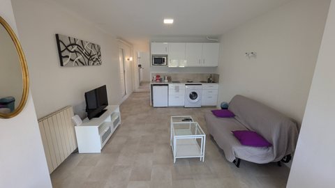 Séjour de l'appartement avec cuisine ouverte, canapé-lit et téléviseur