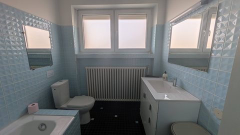Salle de bain de la maison : double vasque, baignoire, WC et fenêtres lumineuses